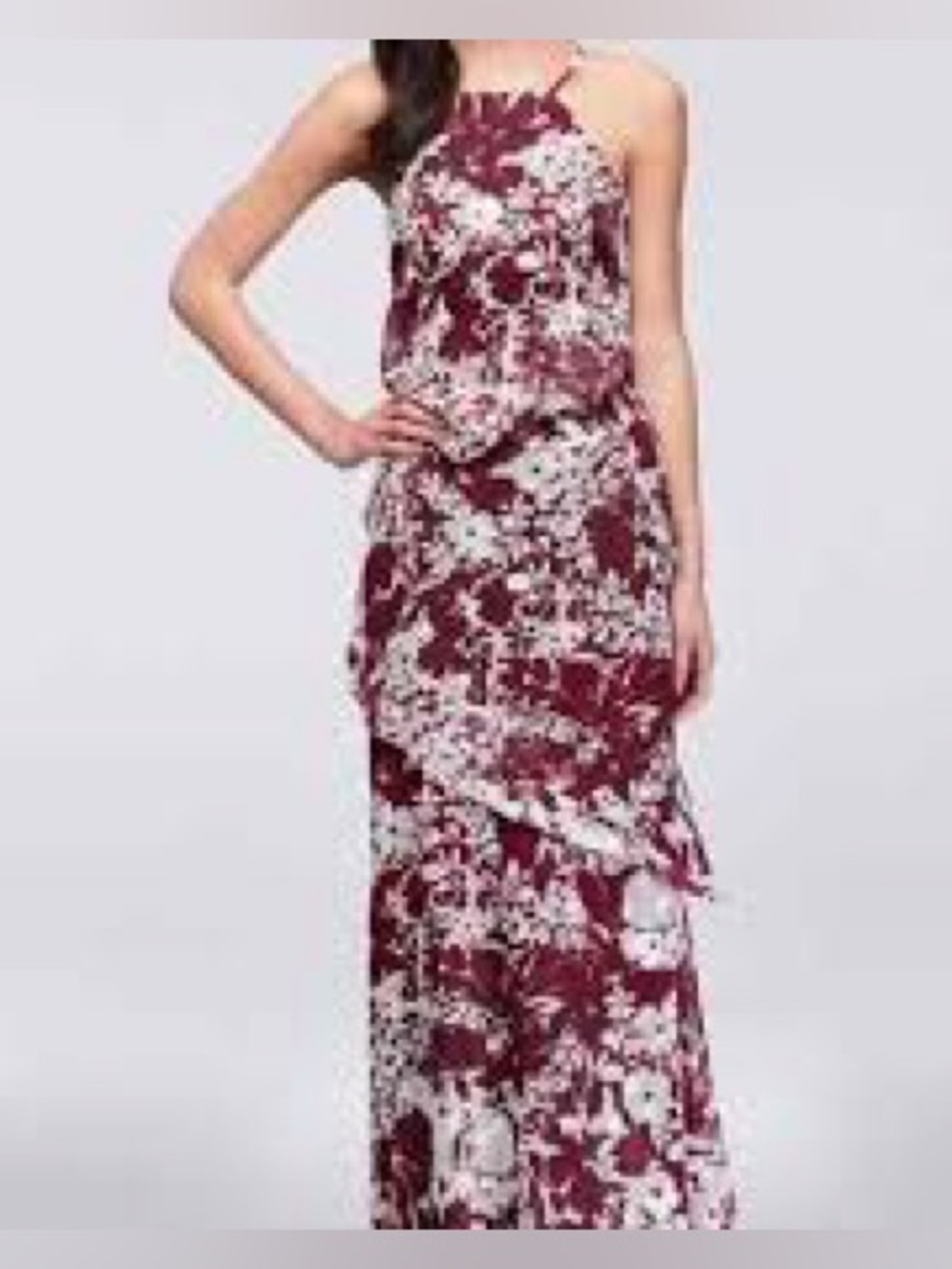NWOT 🌸 David's Bridal Waterfall Tier Printed Georgette Maxi Dress Halter Neck🌸